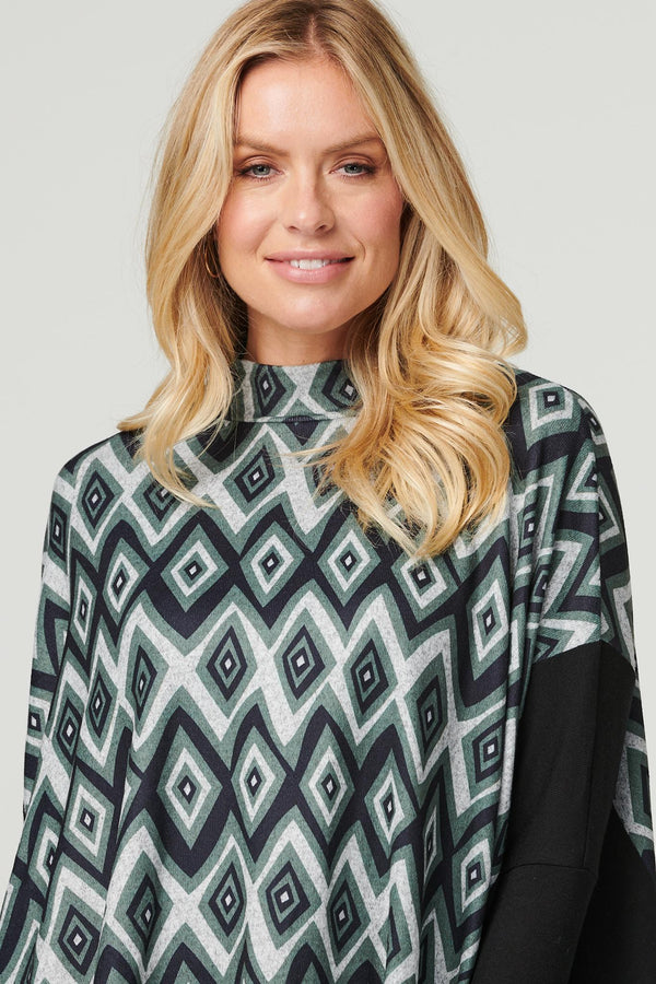 Green | Ikat Print High Neck Oversized Top