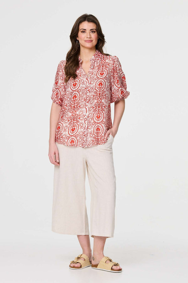 Red | Printed Puff 1/2 Sleeve Button-Up Shirt