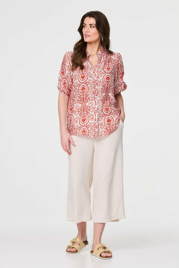 Red | Printed Puff 1/2 Sleeve Button-Up Shirt