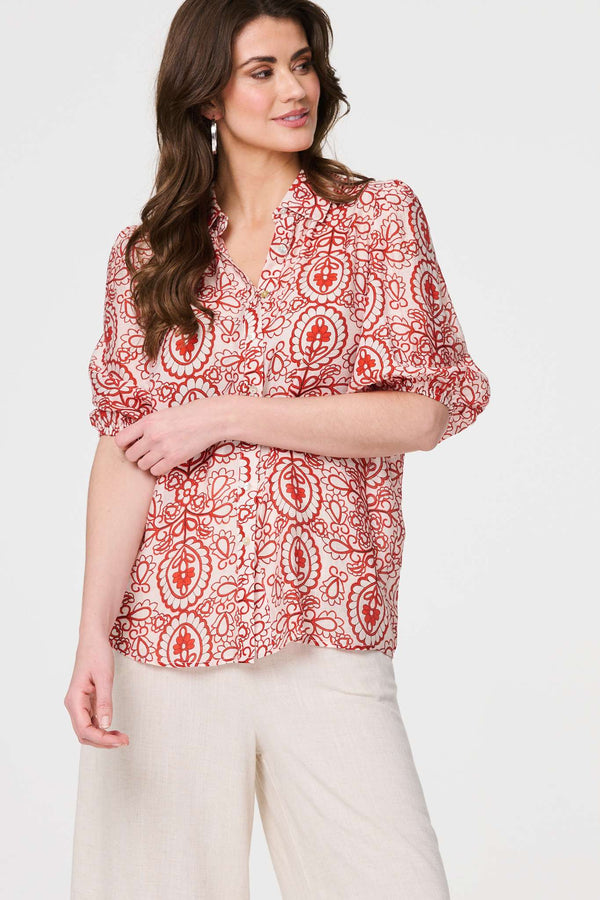 Red | Printed Puff 1/2 Sleeve Button-Up Shirt