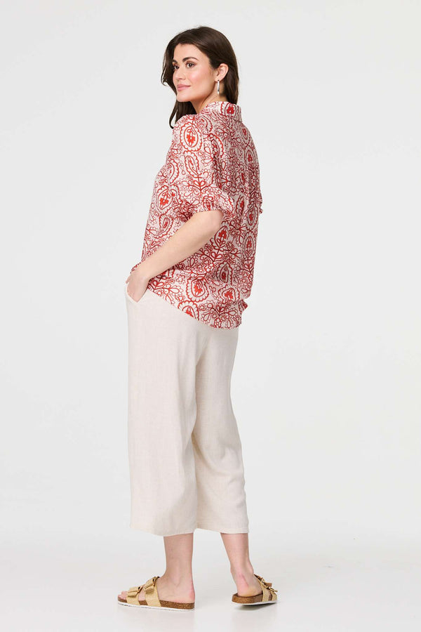 Red | Printed Puff 1/2 Sleeve Button-Up Shirt