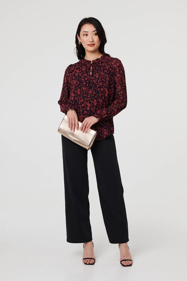 Navy | Printed Frilled Tie Neck Blouse