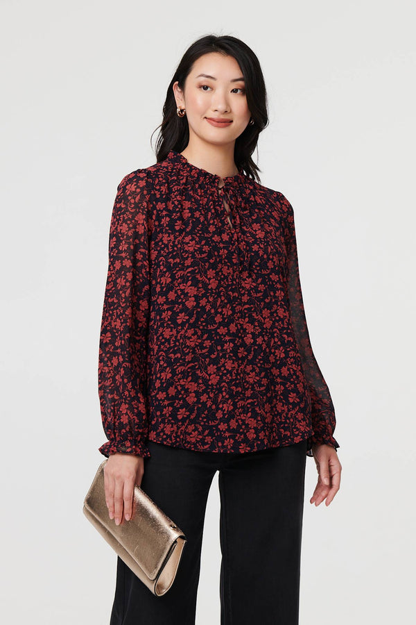 Navy | Printed Frilled Tie Neck Blouse