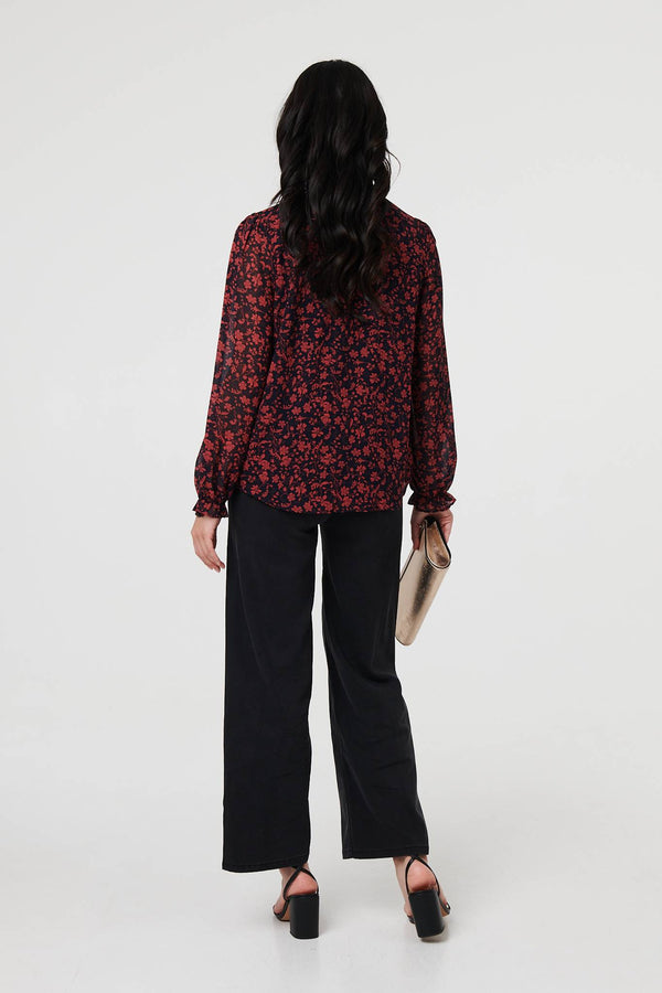 Navy | Printed Frilled Tie Neck Blouse