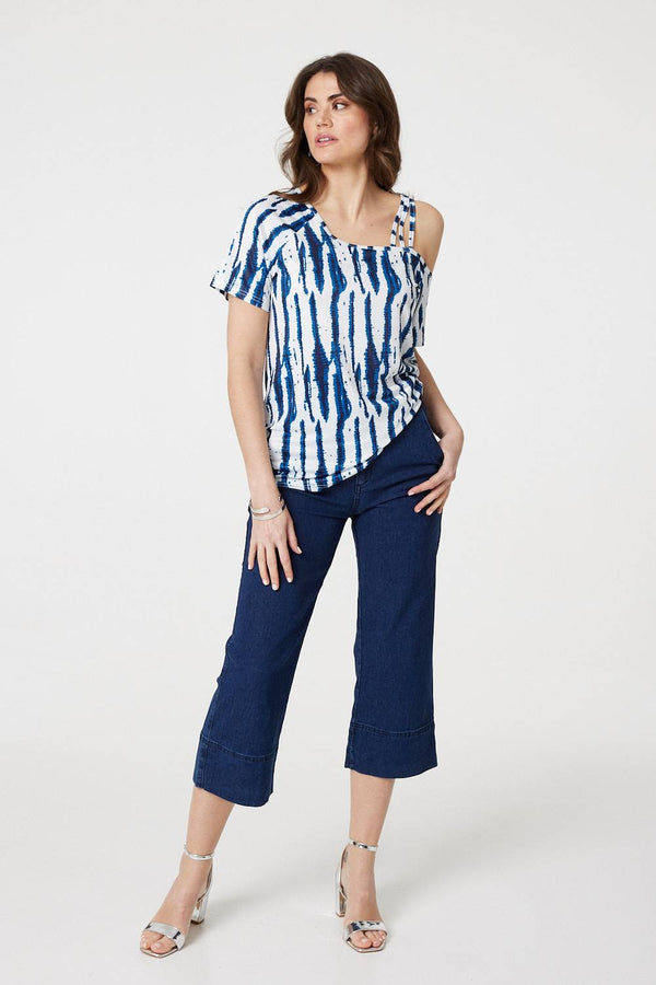 White | Tie Dye Print Asymmetric Strap Sleeve Top