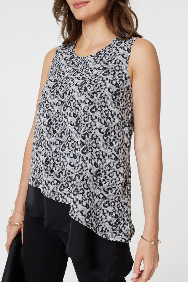 Black | Printed Asymmetric Sleeveless Tunic Top