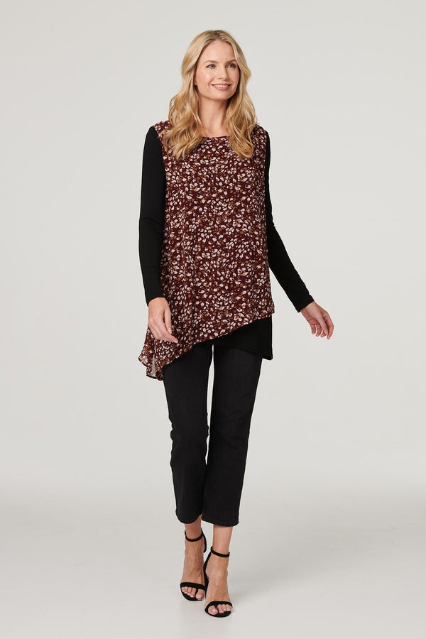 Black | Printed Layered Hem Blouse Top