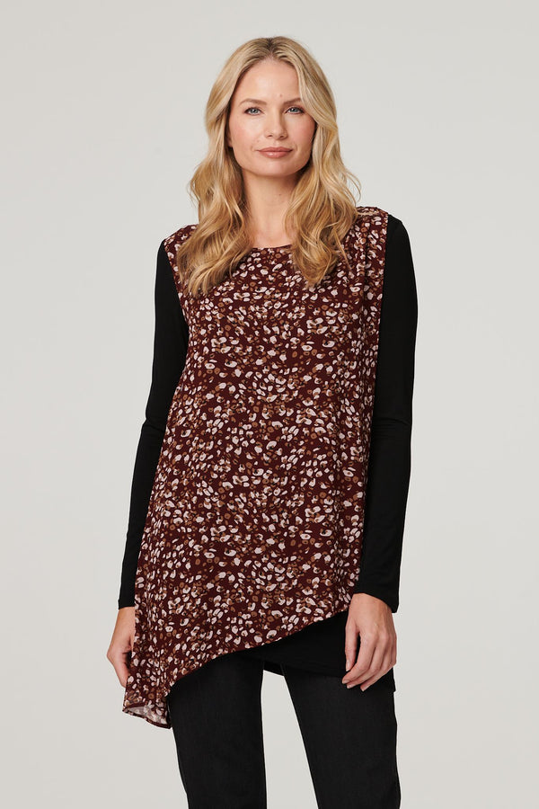 Black | Printed Layered Hem Blouse Top