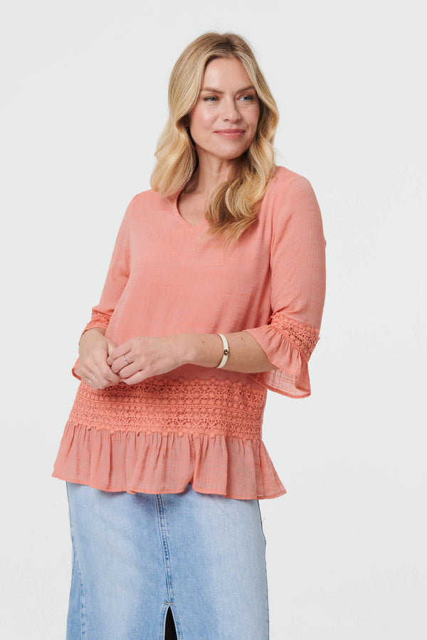 Pink | Lace Trim 3/4 Flared Sleeve Blouse