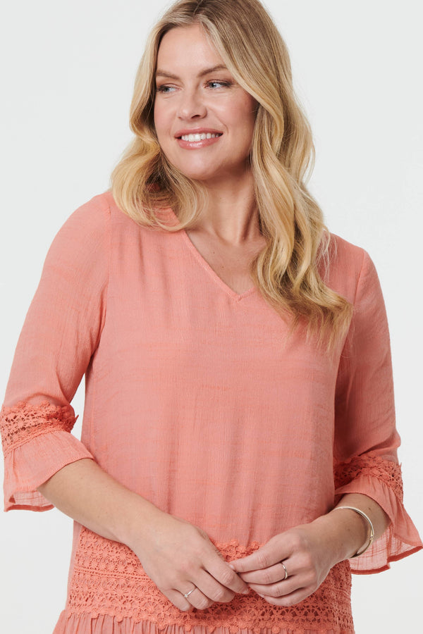 Pink | Lace Trim 3/4 Flared Sleeve Blouse