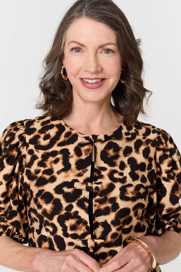 Beige | Animal Print Bow Front Puff Sleeve Shirt