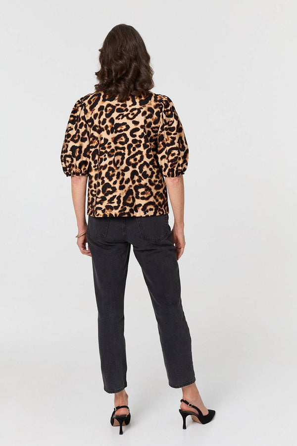 Beige | Animal Print Bow Front Puff Sleeve Shirt : Model is 5'8"/172 cm and wears UK10/EU38/US6/AUS10
