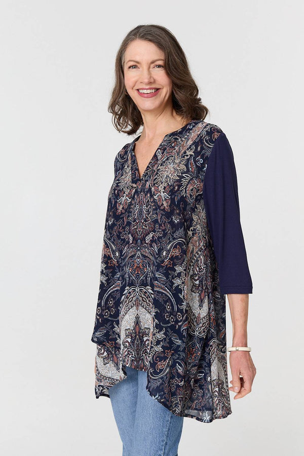 Navy | Paisley 3/4 Sleeve Semi Sheer Tunic Top