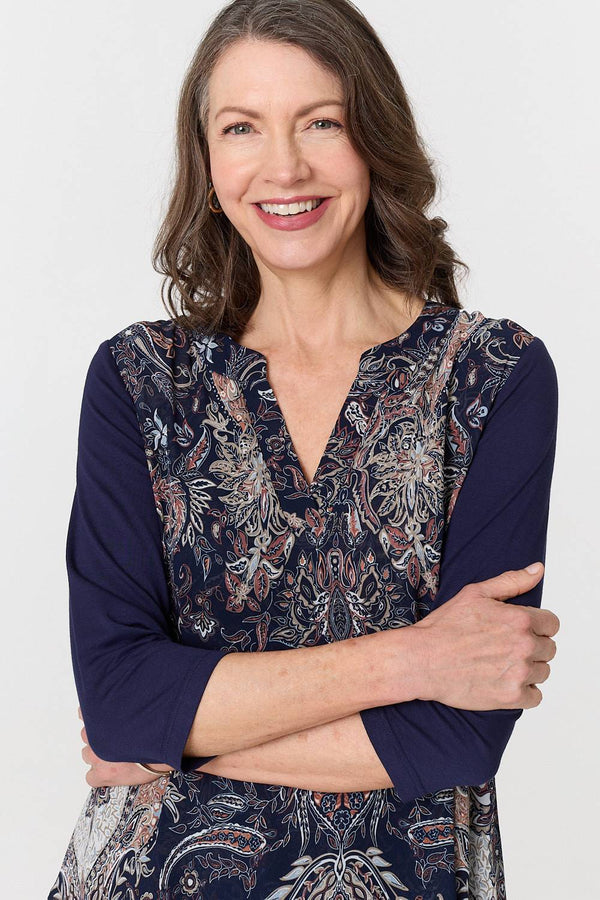Navy | Paisley 3/4 Sleeve Semi Sheer Tunic Top
