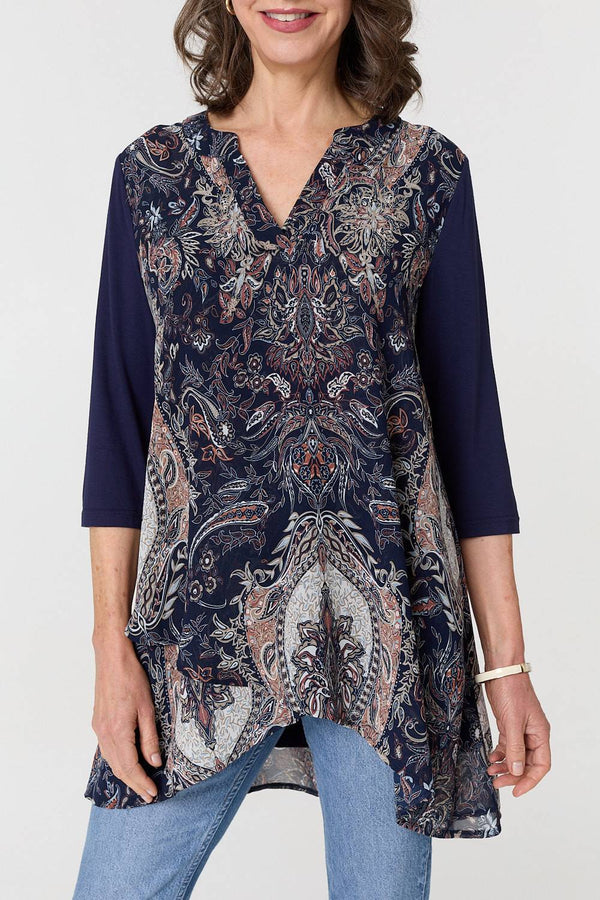 Navy | Paisley 3/4 Sleeve Semi Sheer Tunic Top