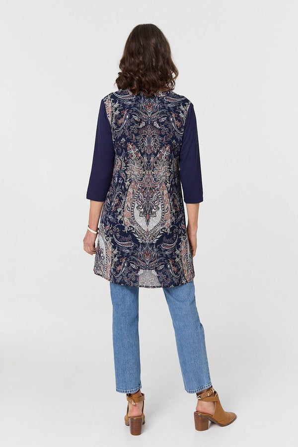 Navy | Paisley 3/4 Sleeve Semi Sheer Tunic Top