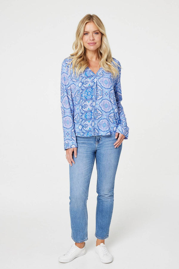 Blue | Printed Long Sleeve Blouse Top