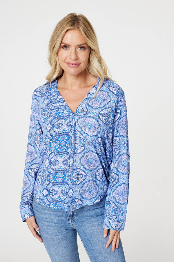 Blue | Printed Long Sleeve Blouse Top