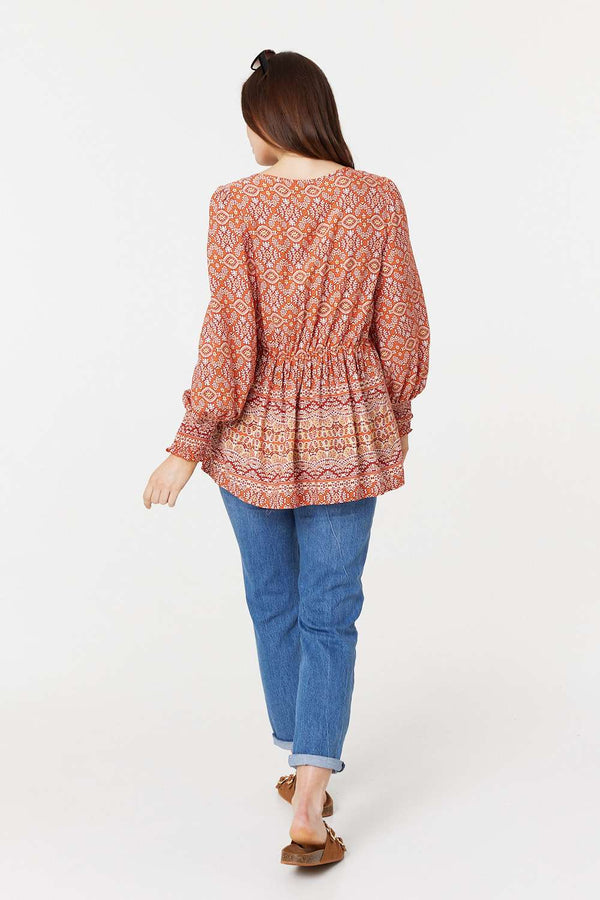 Orange | Printed Tassel Drawstring Blouse