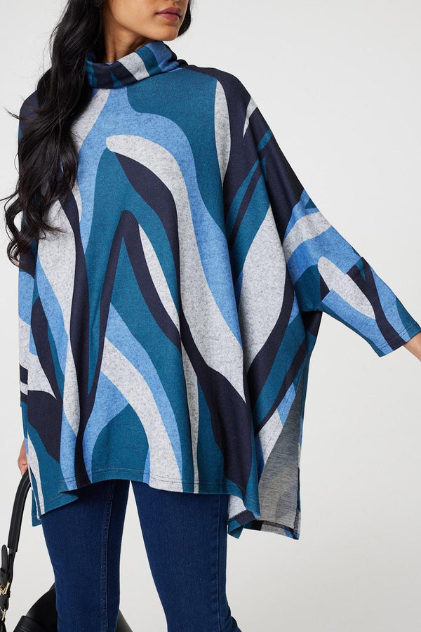 Blue | Printed Roll Neck Oversized Tunic Top