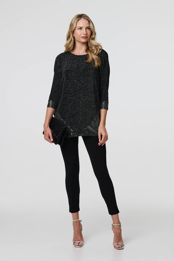 Black | Glittery Metallic Trim 3/4 Sleeve Tunic
