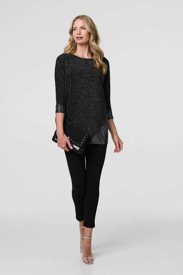 Black | Glittery Metallic Trim 3/4 Sleeve Tunic