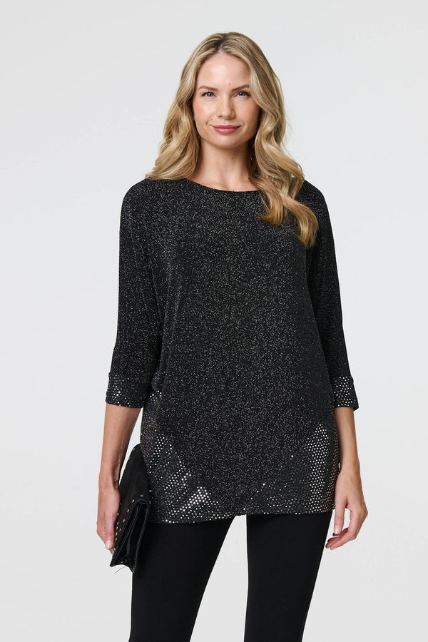 Black | Glittery Metallic Trim 3/4 Sleeve Tunic