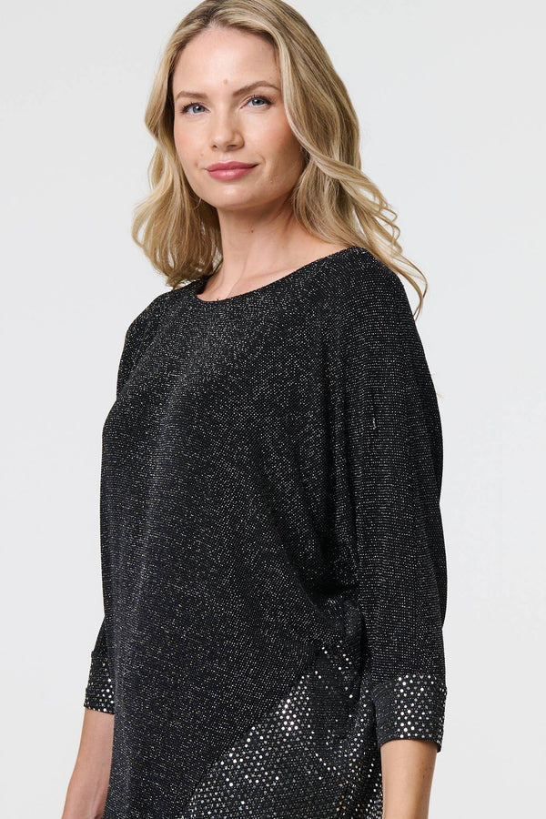Black | Glittery Metallic Trim 3/4 Sleeve Tunic