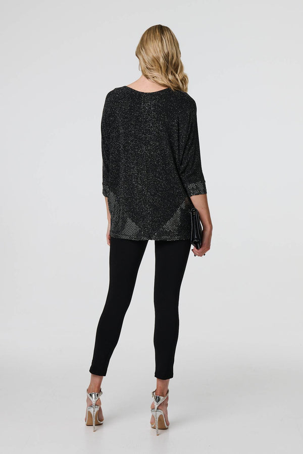 Black | Glittery Metallic Trim 3/4 Sleeve Tunic