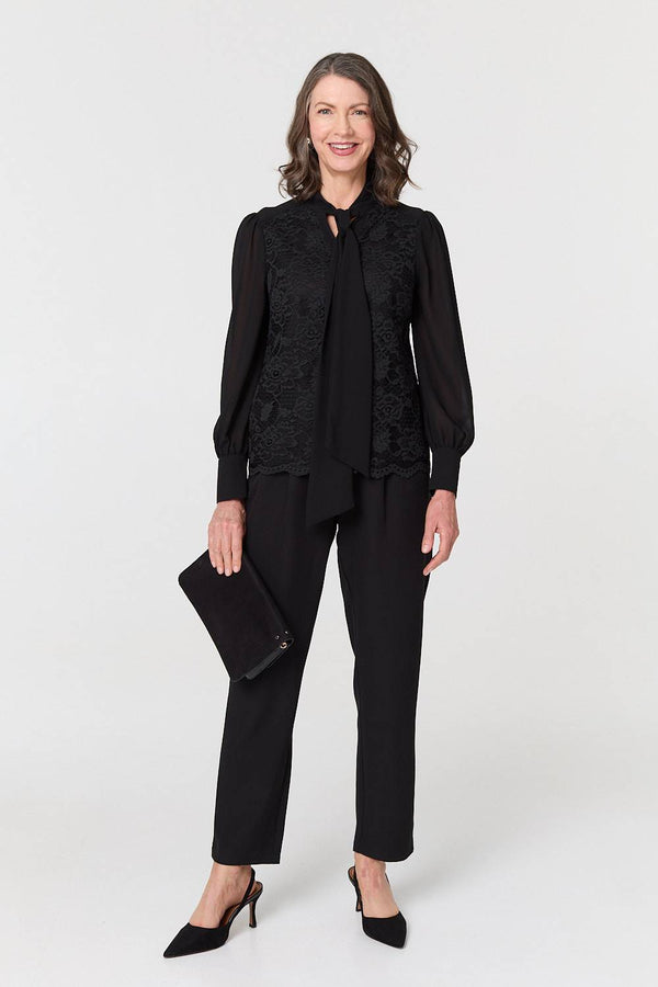 Black | Floral Lace Semi Sheer Textured Blouse