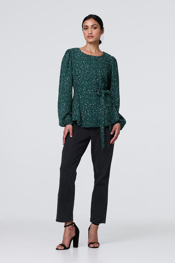 Green | Animal Print Tie Waist Long Sleeve Top