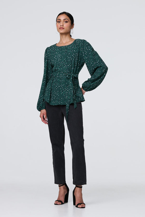 Green | Animal Print Tie Waist Long Sleeve Top