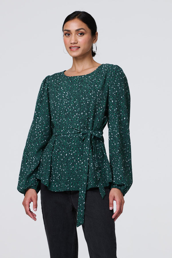Green | Animal Print Tie Waist Long Sleeve Top