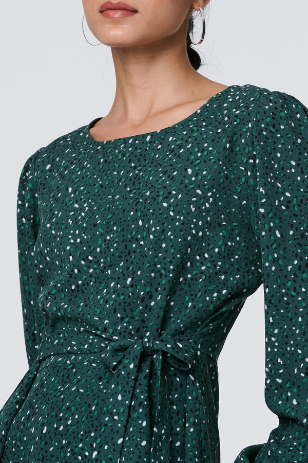 Green | Animal Print Tie Waist Long Sleeve Top