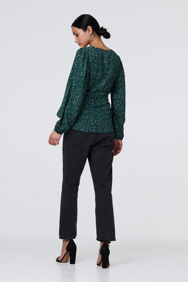 Green | Animal Print Tie Waist Long Sleeve Top