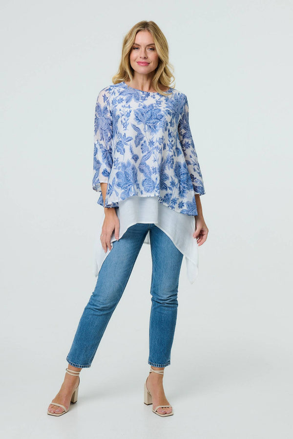 Blue | Floral 3/4 Sleeve Layered High Low Tunic