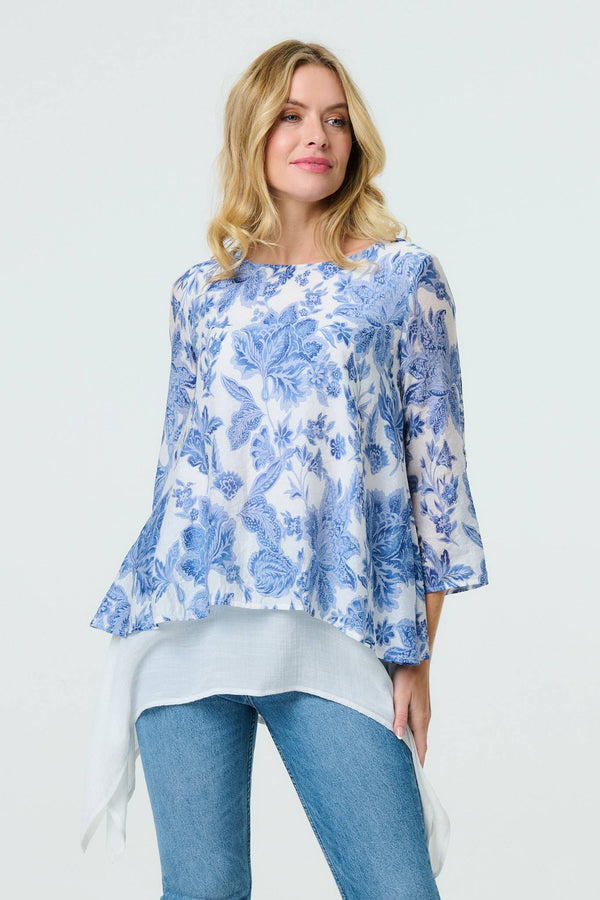 Blue | Floral 3/4 Sleeve Layered High Low Tunic