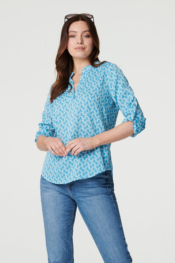 Blue | Printed 3/4 Turn-Up Sleeve Blouse