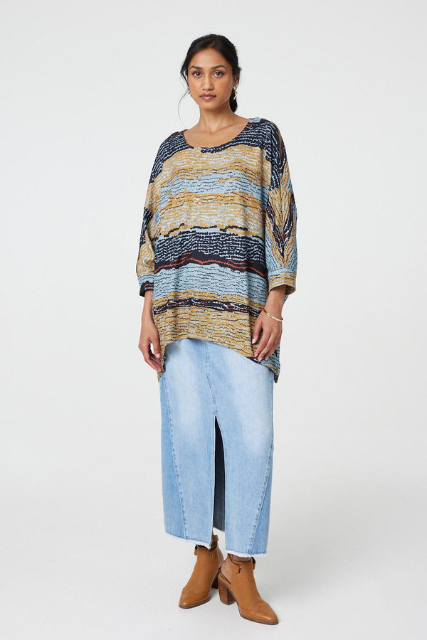 Grey | Printed 3/4 Batwing Sleeve Relaxed Tunic Top