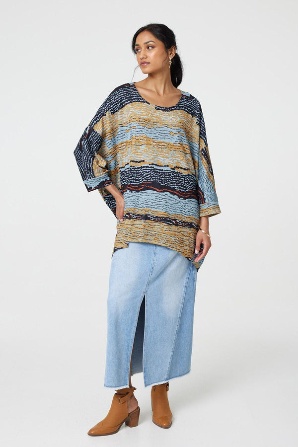 Grey | Printed 3/4 Batwing Sleeve Relaxed Tunic Top