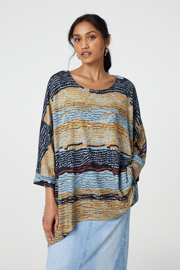 Grey | Printed 3/4 Batwing Sleeve Relaxed Tunic Top