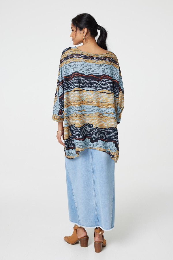 Grey | Printed 3/4 Batwing Sleeve Relaxed Tunic Top