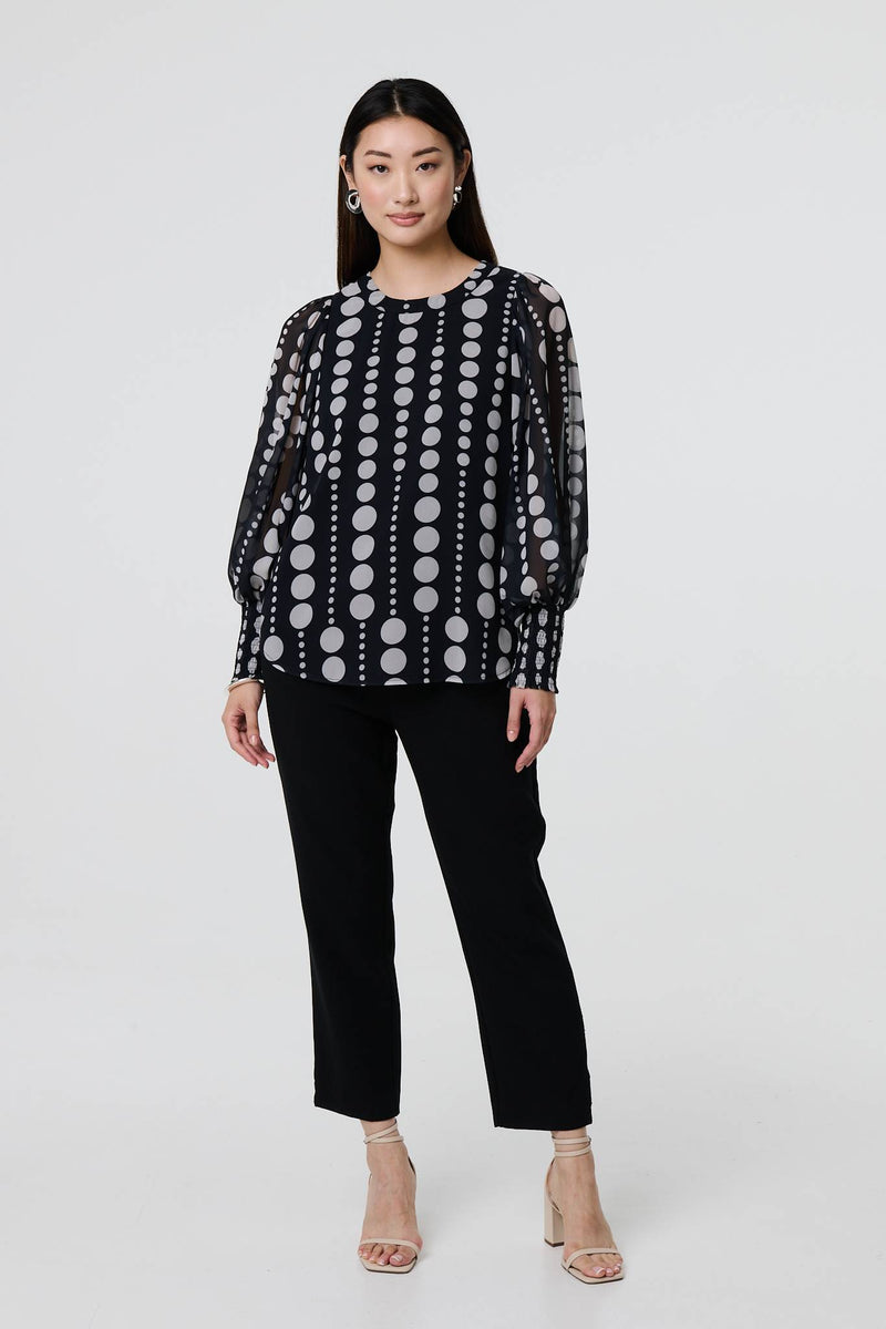 Black | Spotty Print Semi Sheer Puff Sleeve Blouse : Model is 5'9