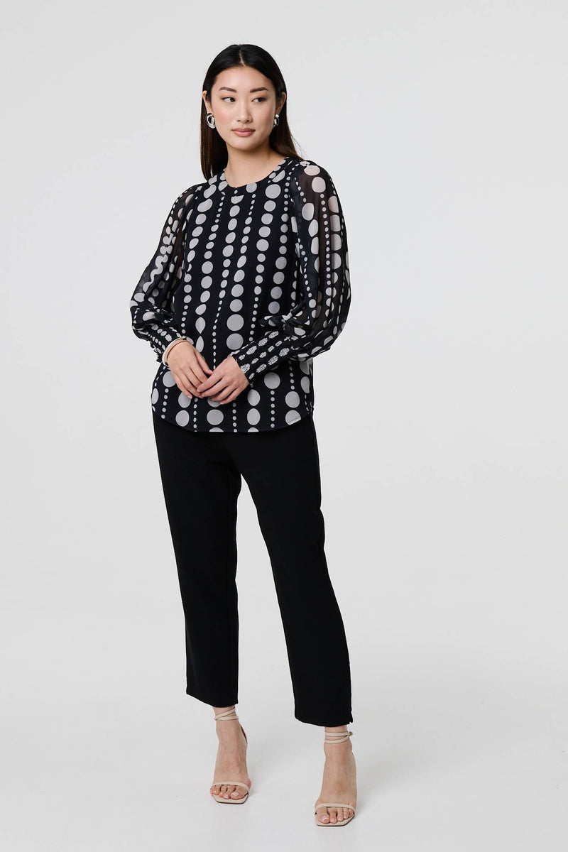 Black | Spotty Print Semi Sheer Puff Sleeve Blouse