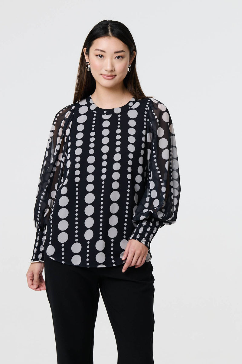 Black | Spotty Print Semi Sheer Puff Sleeve Blouse