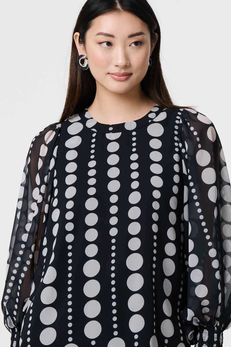 Black | Spotty Print Semi Sheer Puff Sleeve Blouse