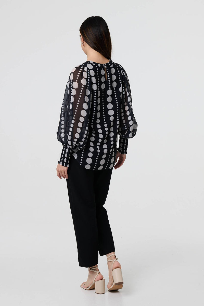 Black | Spotty Print Semi Sheer Puff Sleeve Blouse