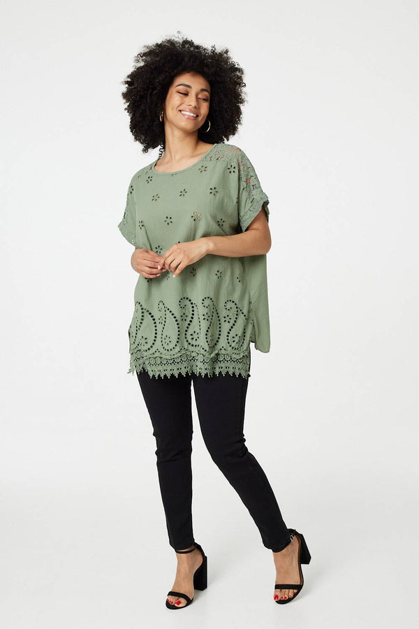 Khaki | Broderie Anglaise Oversized Blouse