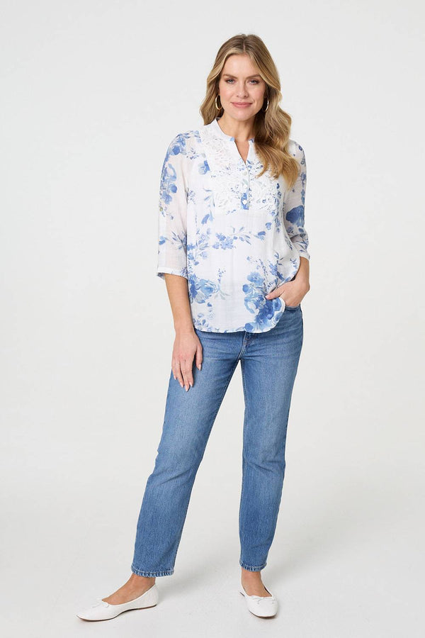 Blue | Floral 3/4 Sleeve Lace Trim Blouse