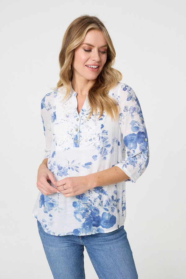 Blue | Floral 3/4 Sleeve Lace Trim Blouse
